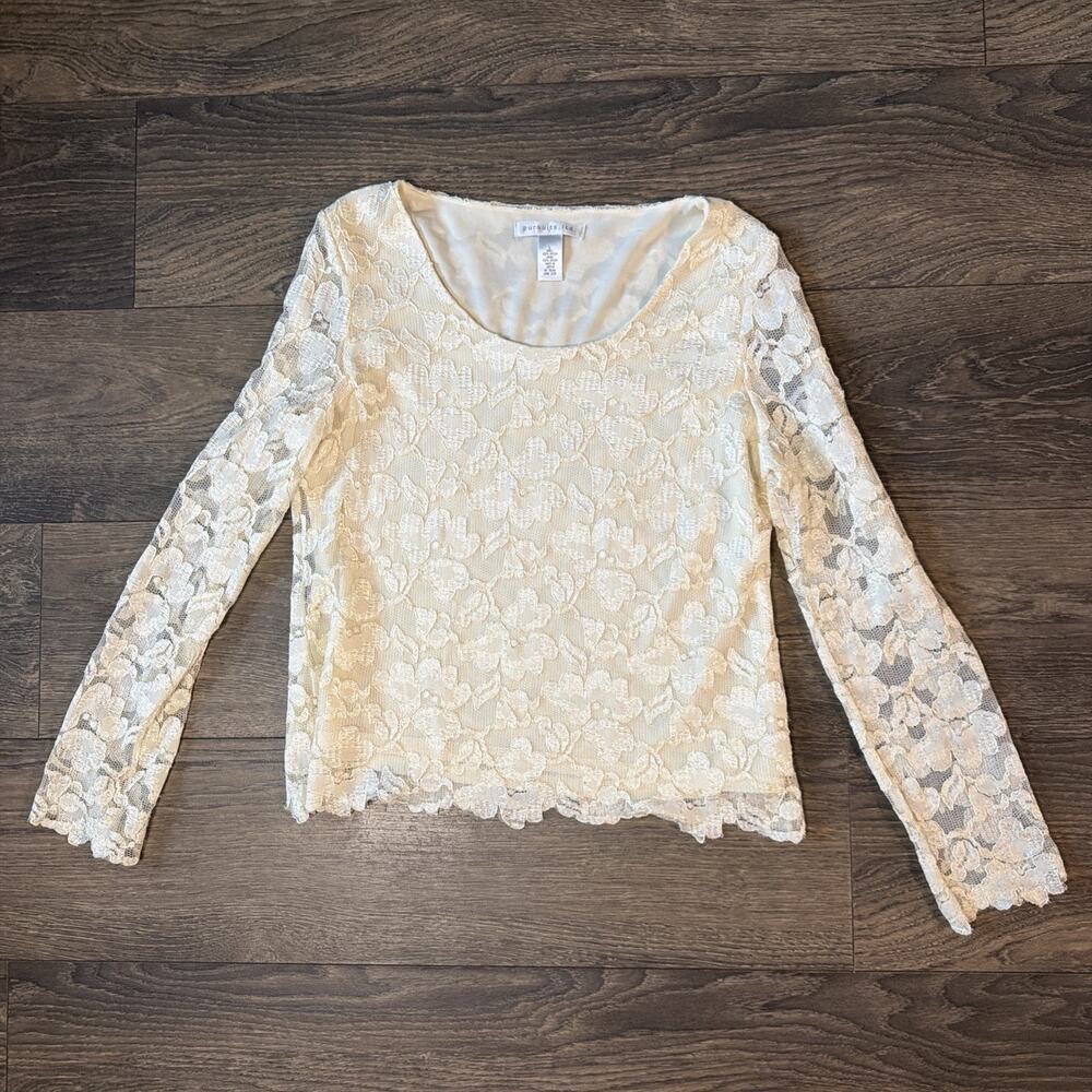 Pursuits Ltd Sz L Ivory Floral Lace Lined Top Sheer Sleeve Coquette Romantic